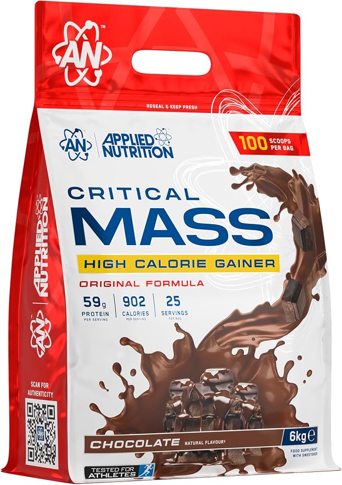 Grand sac de 6 kg de poudre Applied Nutrition Critical Mass Gainer saveur chocolat, avec les informations nutritionnelles clés : 59g de protéines, 902 calories et 25 portions par sac.