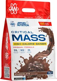 Grand sac de 6 kg de poudre Applied Nutrition Critical Mass Gainer saveur chocolat, avec les informations nutritionnelles clés : 59g de protéines, 902 calories et 25 portions par sac.