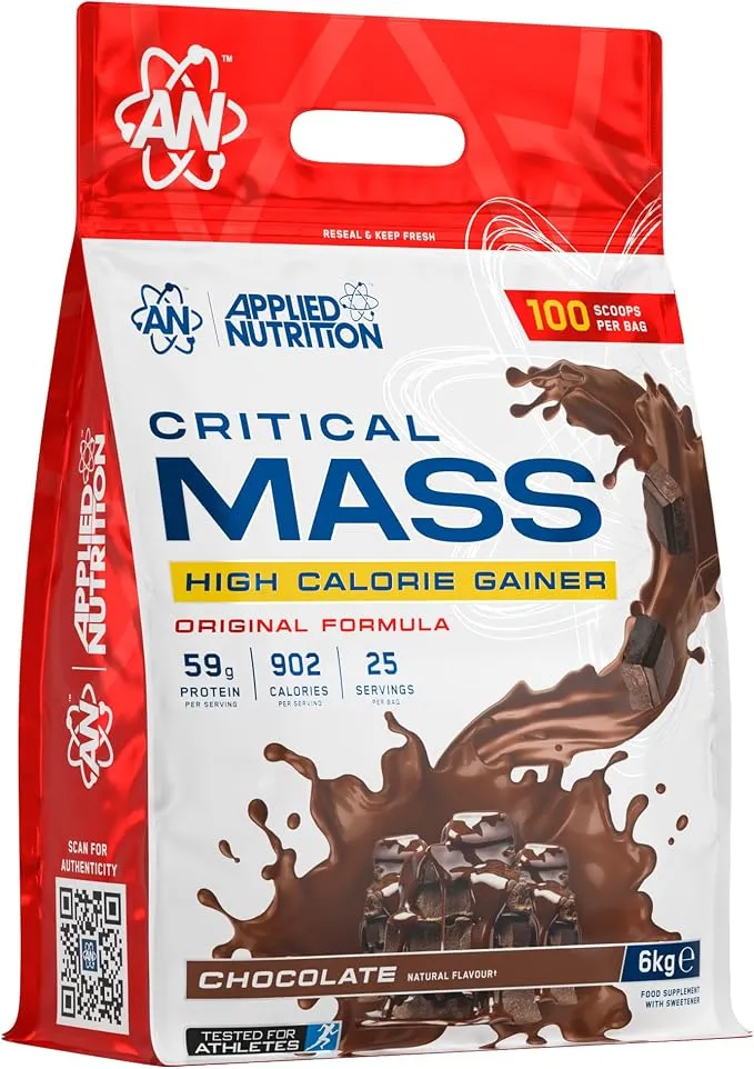 Grand sac de 6 kg de poudre Applied Nutrition Critical Mass Gainer saveur chocolat, avec les informations nutritionnelles clés : 59g de protéines, 902 calories et 25 portions par sac.