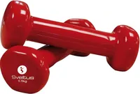 Deux haltères rouges Sveltus de 0,5 kg, l'une posée sur l'autre, avec le logo et le poids visibles sur l'extrémité de l'haltère inférieure. Le revêtement est lisse et brillant.