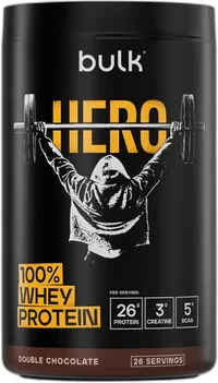 Pot noir de protéine en poudre Bulk Hero Whey Double Chocolat, avec un logo 'bulk' et une illustration d'une personne soulevant une barre d'haltères. Les informations nutritionnelles par portion sont visibles : 26g de protéines, 3g de créatine et 5g de BCAA.