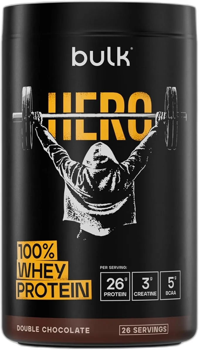 Pot noir de protéine en poudre Bulk Hero Whey Double Chocolat, avec un logo 'bulk' et une illustration d'une personne soulevant une barre d'haltères. Les informations nutritionnelles par portion sont visibles : 26g de protéines, 3g de créatine et 5g de BCAA.