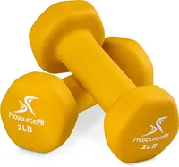 Deux haltères hexagonaux de couleur jaune vif, recouverts de néoprène, avec le logo 'ProsourceFit 2LB' imprimé en blanc sur les extrémités.