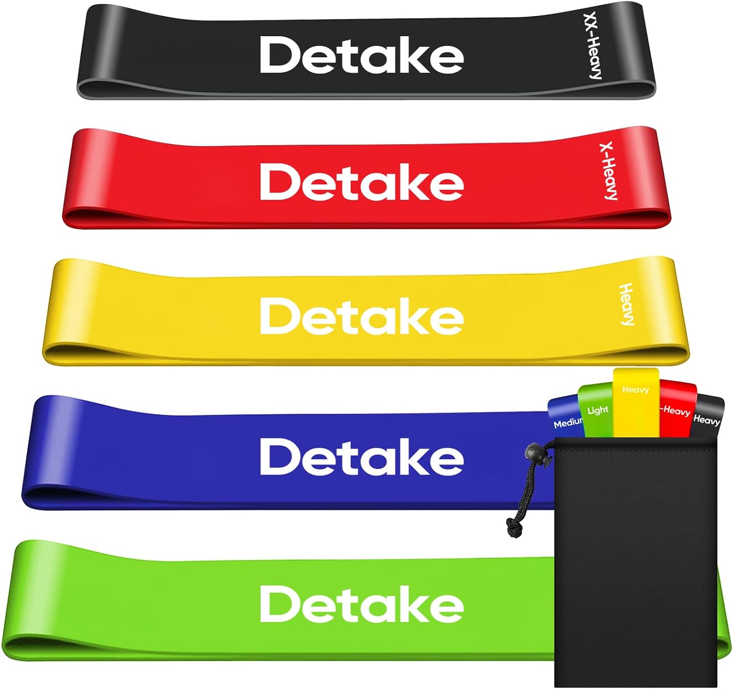 Cinq mini-bandes de résistance Detake de couleurs vives (noir, rouge, jaune, bleu, vert), empilées, avec leurs niveaux de résistance inscrits (XX-Heavy, X-Heavy, Heavy, Medium, Light). Un petit sac de rangement noir est visible sur le côté droit.