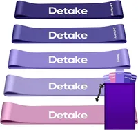 Cinq mini-bandes de résistance Detake de couleurs dégradées (violet foncé à rose clair), empilées, avec leurs niveaux de résistance inscrits (XX-Heavy, X-Heavy, Heavy, Medium, Light). Un petit sac de rangement violet est visible sur le côté droit.