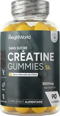 Bouteille de compléments alimentaires WeightWorld Creatine Gummies, contenant 90 gommes jaunes au goût de citron, avec l'étiquette indiquant 'Sans Sucre', 'Vegan', 'Sans OGM', 'Sans Gluten' et '5000mg par portion'.
