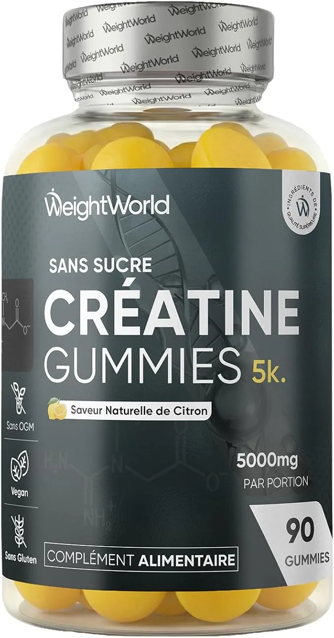 Bouteille de compléments alimentaires WeightWorld Creatine Gummies, contenant 90 gommes jaunes au goût de citron, avec l'étiquette indiquant 'Sans Sucre', 'Vegan', 'Sans OGM', 'Sans Gluten' et '5000mg par portion'.