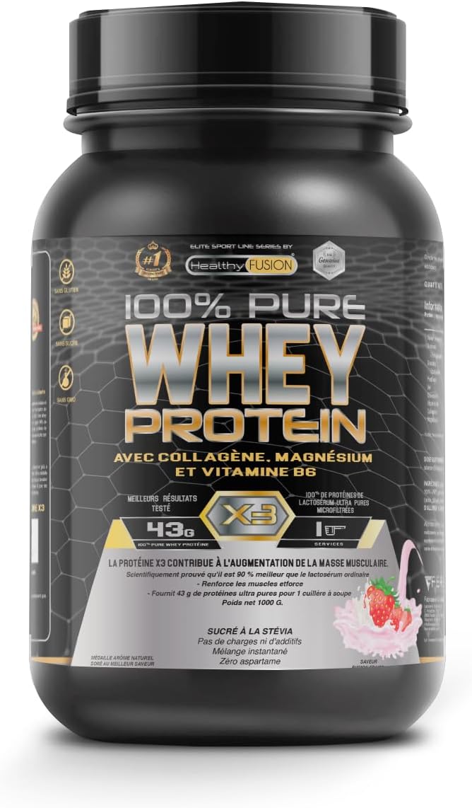 Pot noir de poudre de protéine Healthy Fusion 100% Pure Whey Protein X3, saveur fraise, avec les mentions 'avec Collagène, Magnésium et Vitamine B6' et '43g de protéines'.
