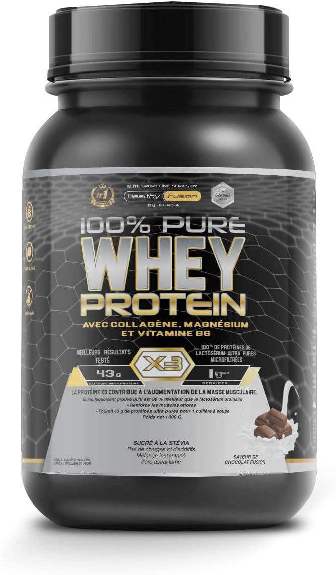 Pot noir de poudre de protéine Healthy Fusion 100% Pure Whey Protein X3, saveur chocolat, avec les mentions 'avec Collagène, Magnésium et Vitamine B6' et '43g de protéines'.