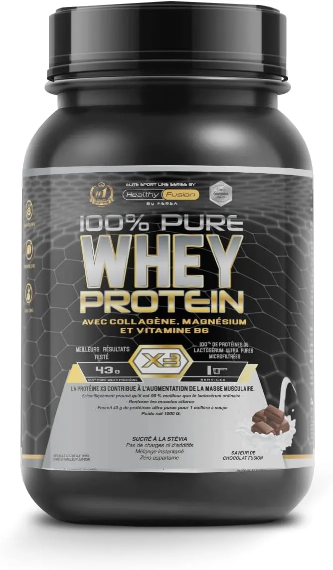 Pot noir de poudre de protéine Healthy Fusion 100% Pure Whey Protein X3, saveur chocolat, avec les mentions 'avec Collagène, Magnésium et Vitamine B6' et '43g de protéines'.