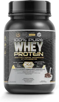 Pot noir de poudre de protéine Healthy Fusion 100% Pure Whey Protein X3, saveur chocolat, avec les mentions 'avec Collagène, Magnésium et Vitamine B6' et '43g de protéines'.