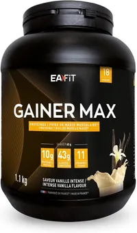 Pot noir de poudre Eafit Gainer Max saveur vanille intense, affichant en grand "GAINER MAX" et les informations nutritionnelles par shaker de 60g : 10g de protéines, 43g de glucides et 11 vitamines. Le poids total de 1,1 kg est également visible.