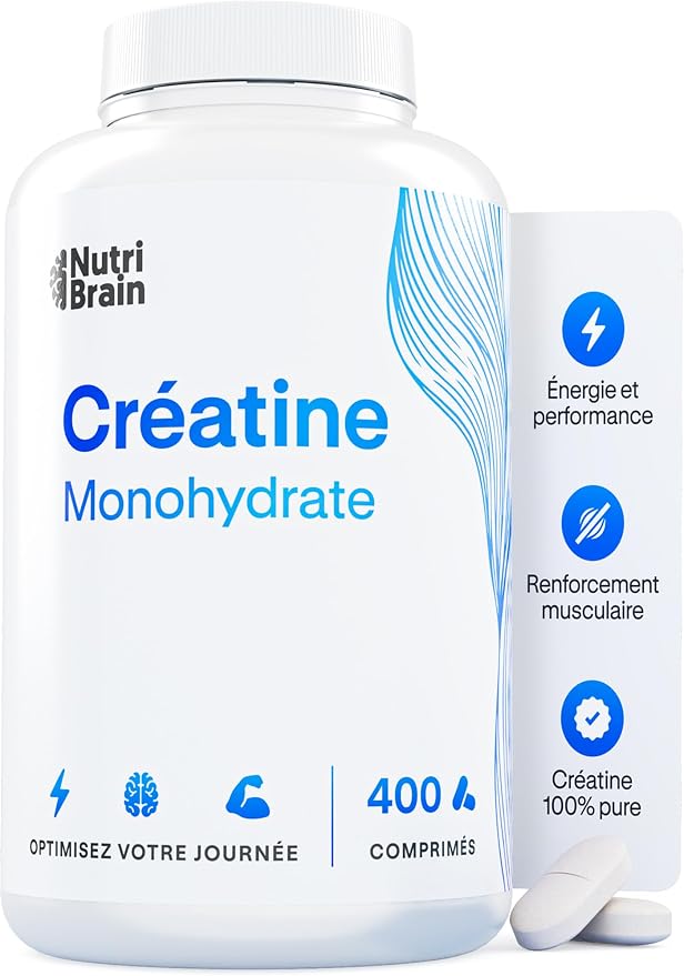Description visuelle de la bouteille de créatine monohydrate Nutri Brain de 400 comprimés, avec des comprimés blancs visibles à côté.