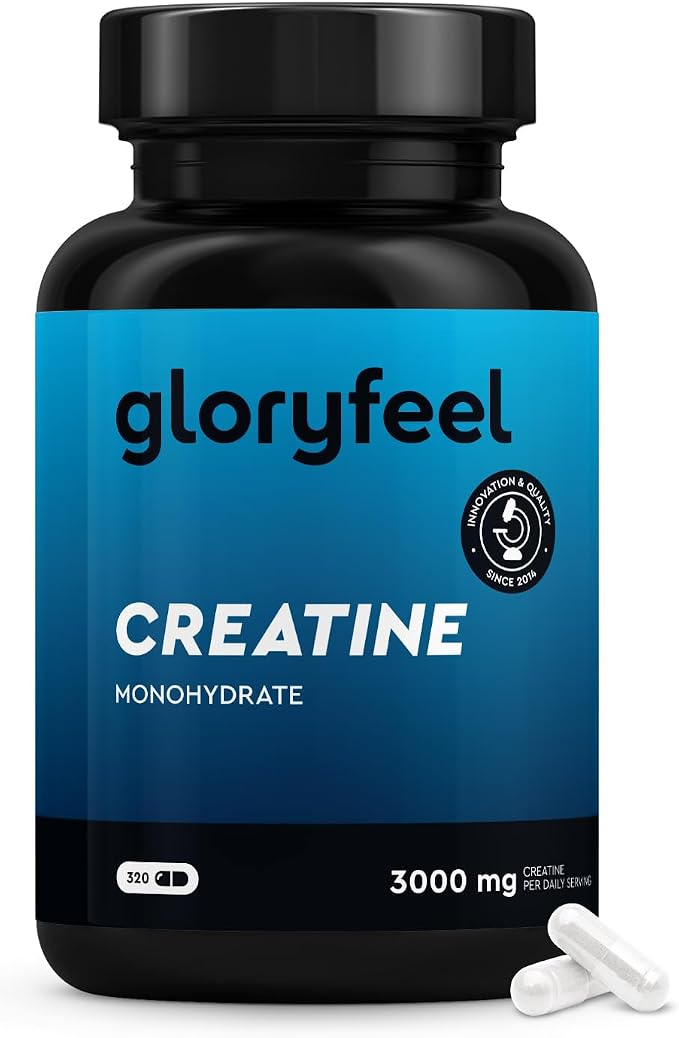 Flacon noir de créatine monohydrate Gloryfeel avec une étiquette bleue affichant le nom de la marque, le produit et la mention 3000 mg par dose journalière, accompagné de deux gélules blanches.