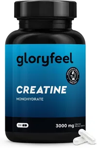 Flacon noir de créatine monohydrate Gloryfeel avec une étiquette bleue affichant le nom de la marque, le produit et la mention 3000 mg par dose journalière, accompagné de deux gélules blanches.