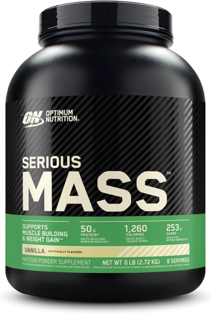 Un grand pot noir de poudre protéinée Optimum Nutrition Serious Mass saveur vanille, affichant les valeurs nutritionnelles principales comme 1260 calories, 50g de protéines et 253g de glucides par portion.