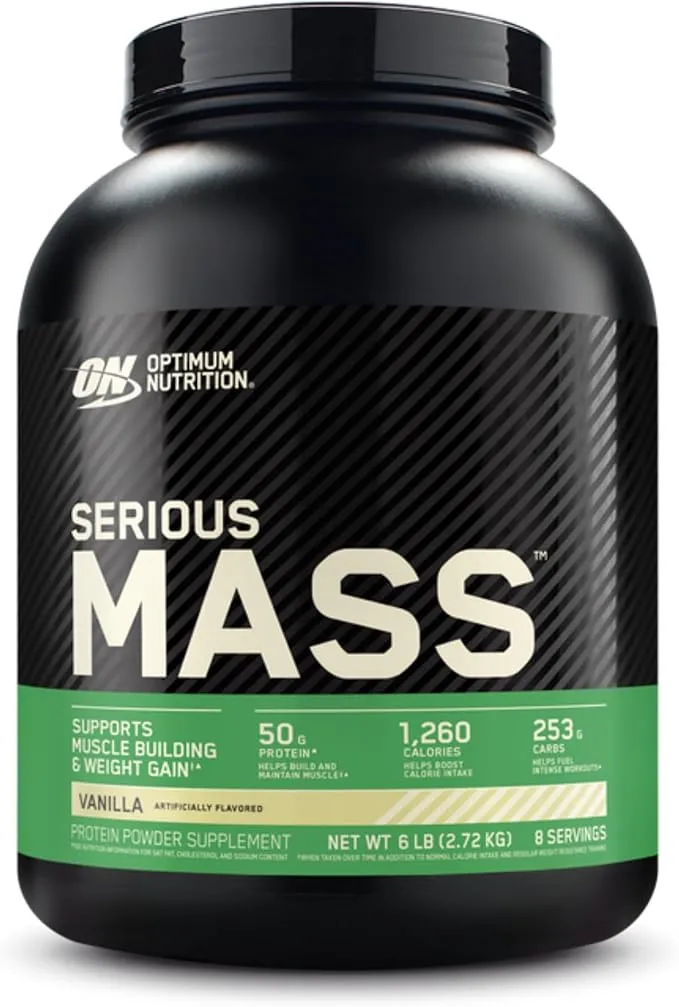 Un grand pot noir de poudre protéinée Optimum Nutrition Serious Mass saveur vanille, affichant les valeurs nutritionnelles principales comme 1260 calories, 50g de protéines et 253g de glucides par portion.