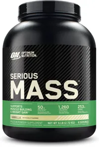 Un grand pot noir de poudre protéinée Optimum Nutrition Serious Mass saveur vanille, affichant les valeurs nutritionnelles principales comme 1260 calories, 50g de protéines et 253g de glucides par portion.
