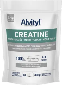 Sachet blanc de créatine monohydratée Alvityl Creapure, affichant les mentions 3,4g par dose, 100% pure, 88 portions, 300g et goût neutre, avec une petite cuillère-doseuse.