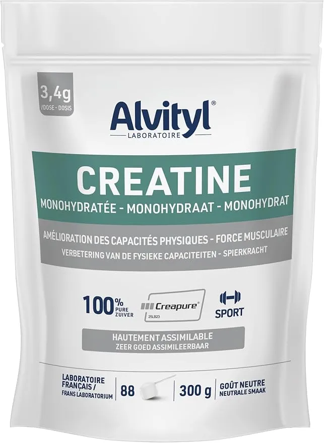 Sachet blanc de créatine monohydratée Alvityl Creapure, affichant les mentions 3,4g par dose, 100% pure, 88 portions, 300g et goût neutre, avec une petite cuillère-doseuse.