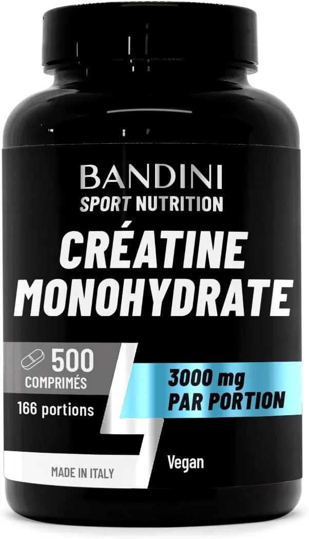 Bouteille noire de créatine monohydrate Bandini, affichant "500 comprimés", "166 portions", "3000 mg par portion" et "Vegan".