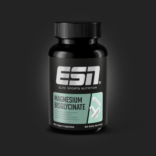 Flacon noir de compléments alimentaires ESN Magnesium Bisglycinate, présenté sur un fond sombre, avec l'étiquette verte et blanche visible et des gélules blanches flottant à côté.