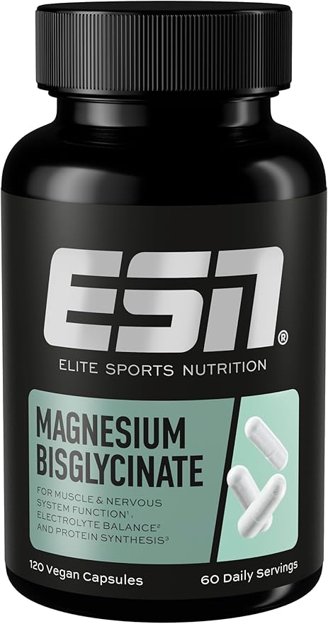 Flacon noir de compléments alimentaires ESN Magnesium Bisglycinate, avec son étiquette verte et blanche affichant le nom du produit et la mention '120 Vegan Capsules' et '60 Daily Servings'.