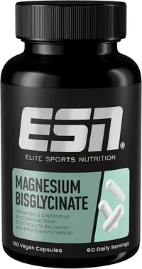 Flacon noir de compléments alimentaires ESN Magnesium Bisglycinate, avec son étiquette verte et blanche affichant le nom du produit et la mention '120 Vegan Capsules' et '60 Daily Servings'.