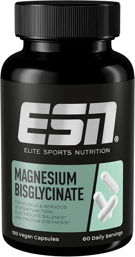 Flacon noir de compléments alimentaires ESN Magnesium Bisglycinate, avec son étiquette verte et blanche affichant le nom du produit et la mention '120 Vegan Capsules' et '60 Daily Servings'.