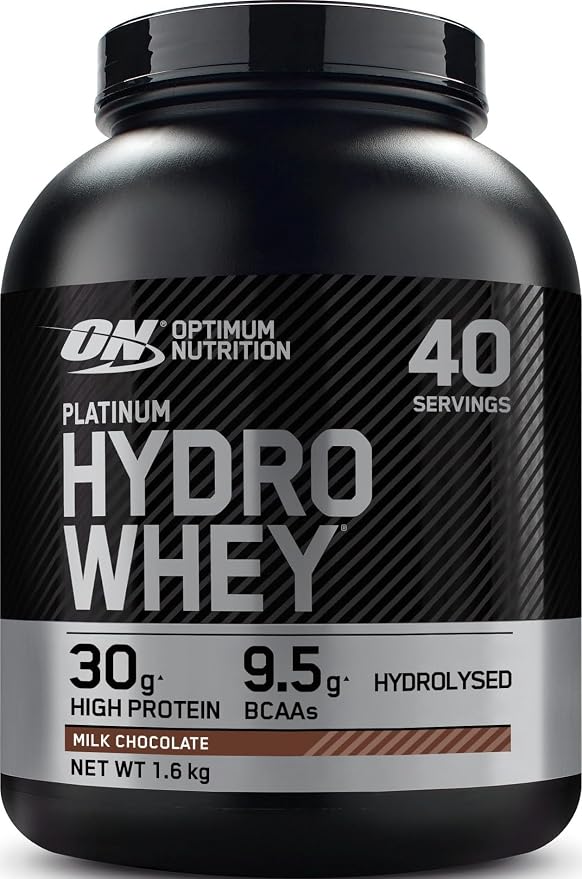 Pot noir de protéines en poudre Optimum Nutrition Platinum Hydro Whey, saveur chocolat au lait, affichant 30g de protéines, 9.5g de BCAA et la mention hydrolysé.