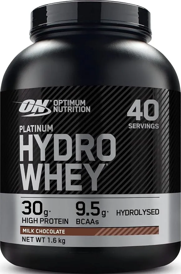 Pot noir de protéines en poudre Optimum Nutrition Platinum Hydro Whey, saveur chocolat au lait, affichant 30g de protéines, 9.5g de BCAA et la mention hydrolysé.