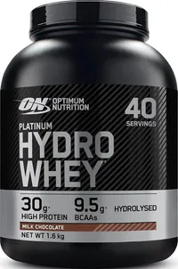 Pot noir de protéines en poudre Optimum Nutrition Platinum Hydro Whey, saveur chocolat au lait, affichant 30g de protéines, 9.5g de BCAA et la mention hydrolysé.