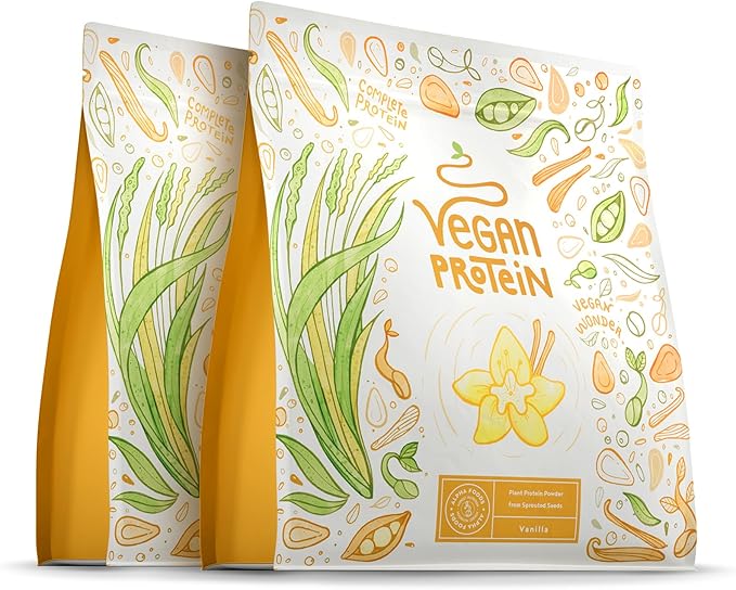 Deux sachets de protéines végétales Alpha Foods saveur vanille, avec un design illustré de plantes, de graines et de gousses de vanille.