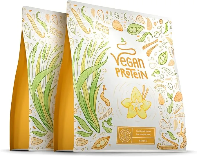 Deux sachets de protéines végétales Alpha Foods saveur vanille, avec un design illustré de plantes, de graines et de gousses de vanille.