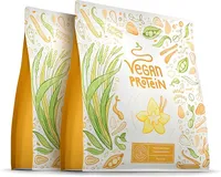 Deux sachets de protéines végétales Alpha Foods saveur vanille, avec un design illustré de plantes, de graines et de gousses de vanille.