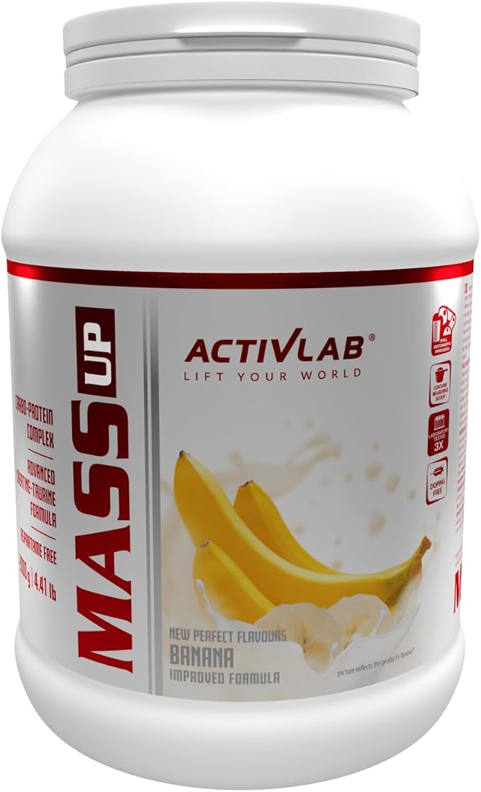 Pot blanc de gainer Activlab Mass Up saveur banane, avec des bananes et un liquide crémeux représentés sur l'étiquette.