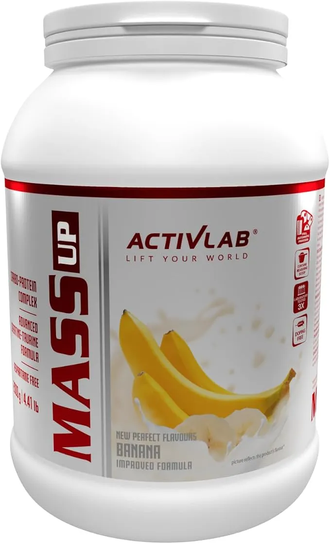 Pot blanc de gainer Activlab Mass Up saveur banane, avec des bananes et un liquide crémeux représentés sur l'étiquette.