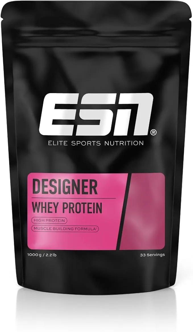 Sachet noir de poudre de protéine ESN Designer Whey saveur vanille, avec des détails roses et blancs.