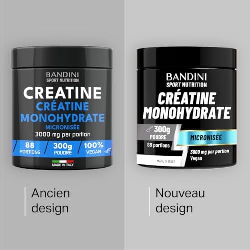 Comparaison de deux pots de créatine monohydrate Bandini, l'un étiqueté 'Ancien design' et l'autre 'Nouveau design', montrant l'évolution de l'emballage.