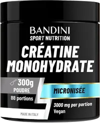 Pot noir de créatine monohydrate Bandini Sport Nutrition, avec les mentions 300g, 88 portions, micronisée, 3000 mg par portion et vegan.