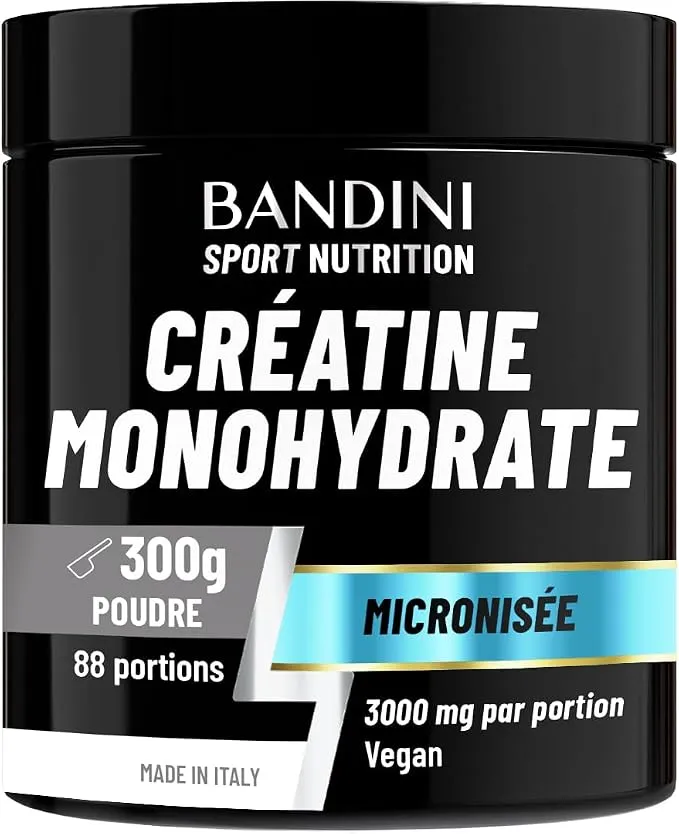 Pot noir de créatine monohydrate Bandini Sport Nutrition, avec les mentions 300g, 88 portions, micronisée, 3000 mg par portion et vegan.