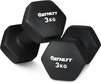 Deux haltères Athlyt noirs de 3 kg chacun, posés l'un sur l'autre, avec leur forme hexagonale et le logo de la marque bien visibles.