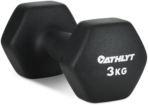 Un haltère Athlyt noir de 3 kg, avec sa forme hexagonale et son revêtement en néoprène, posé sur une surface blanche.