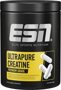 Pot noir de créatine ESN Creatine Giga Caps avec l'étiquette jaune et blanche indiquant 'ULTRAPURE CREATINE PREMIUM GRADE', '300 vegan capsules' et '100 Servings'. Trois gélules blanches sont représentées sur l'étiquette.
