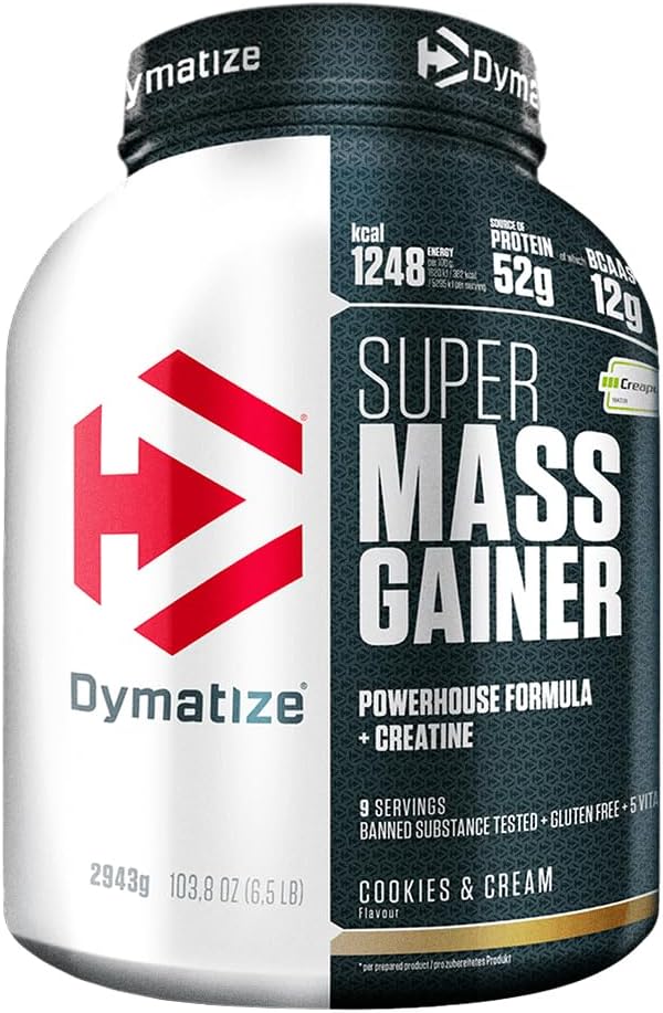 Un pot de Dymatize Super Mass Gainer saveur Cookies & Cream, blanc et gris foncé, avec le logo Dymatize rouge et blanc. L'étiquette affiche des informations nutritionnelles clés comme 1248 kcal, 52g de protéines, 12g de BCAA et le label Creapure. Le poids total est de 2943g.