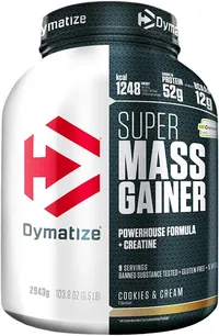 Un pot de Dymatize Super Mass Gainer saveur Cookies & Cream, blanc et gris foncé, avec le logo Dymatize rouge et blanc. L'étiquette affiche des informations nutritionnelles clés comme 1248 kcal, 52g de protéines, 12g de BCAA et le label Creapure. Le poids total est de 2943g.