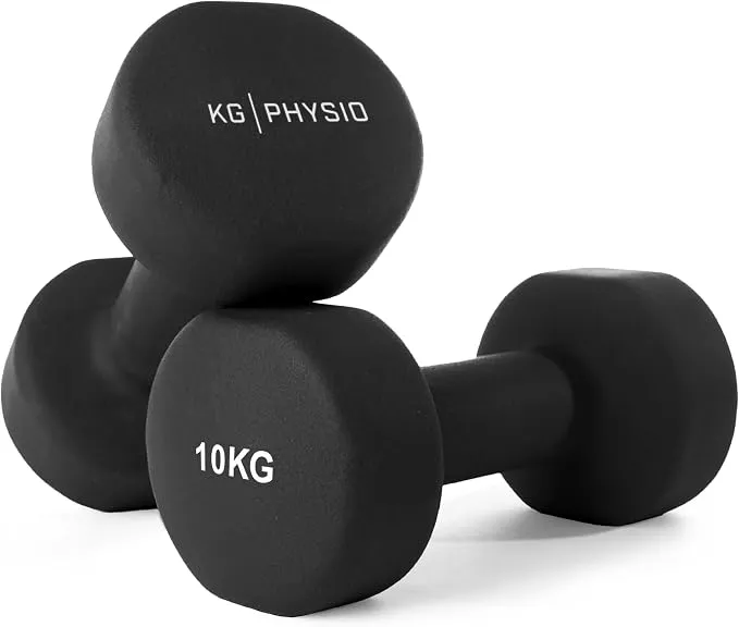 Deux haltères KG Physio noires de 10 kg, empilées l'une sur l'autre, avec leur revêtement en néoprène et leur forme anti-roulis visible.