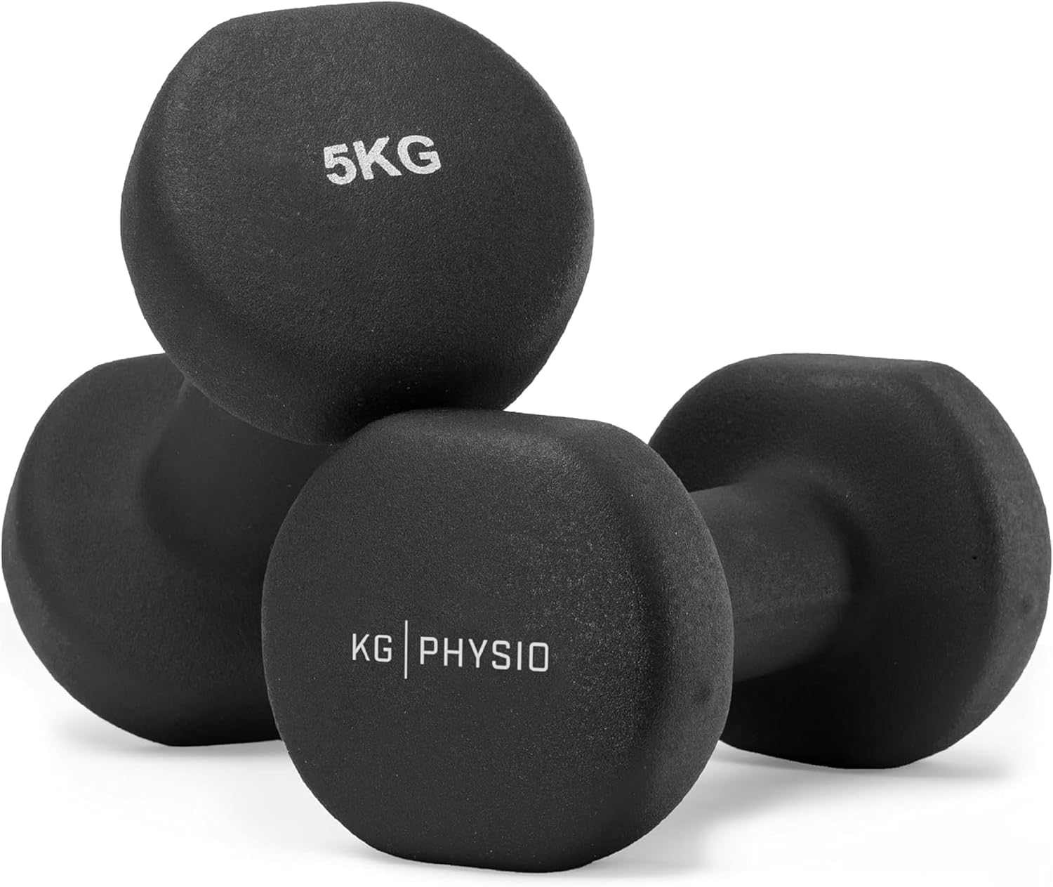 Paire d'haltères KG Physio noires de 5 kg, empilées l'une sur l'autre, montrant le revêtement en néoprène et la forme anti-roulis.