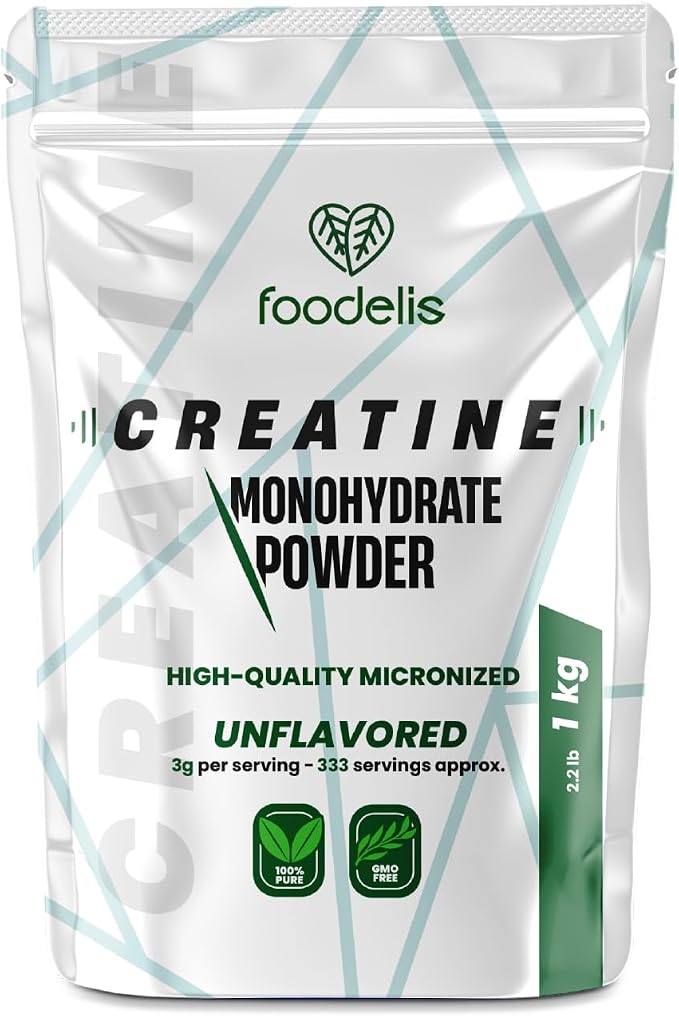 Sachet blanc de créatine monohydrate micronisée Foodelis de 1 kg, avec les mentions 'CREATINE MONOHYDRATE POWDER', 'HIGH-QUALITY MICRONIZED', 'UNFLAVORED', '100% PURE', 'GMO FREE' et '3g per serving - 333 servings approx.'.