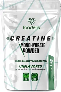 Sachet blanc de créatine monohydrate micronisée Foodelis de 1 kg, avec les mentions 'CREATINE MONOHYDRATE POWDER', 'HIGH-QUALITY MICRONIZED', 'UNFLAVORED', '100% PURE', 'GMO FREE' et '3g per serving - 333 servings approx.'.